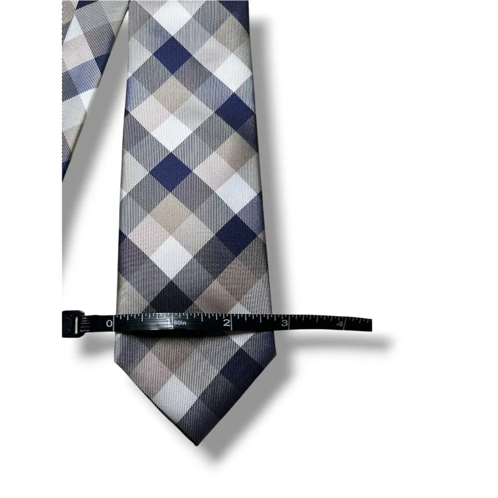 Plaid Silk Tie 58” x 3” in Navy & Gray - Men Accessories